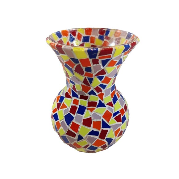 Vintage Mosaic Multicolored Rainbow Tile Glass Vase 7" Tall - Picture 2 of 7